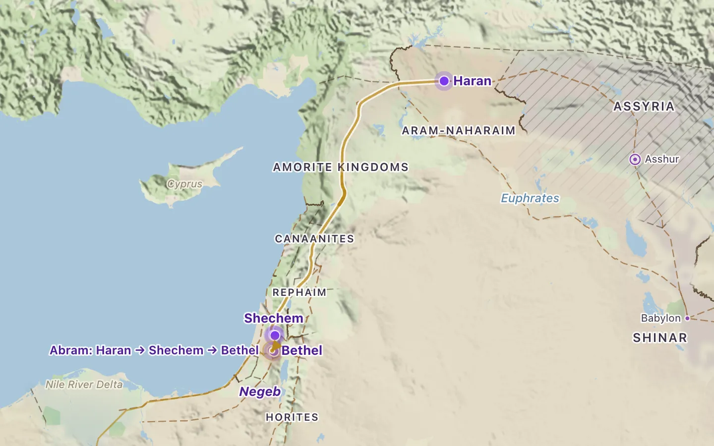 Map of Genesis 12: Abram leaves Haran for Canaan