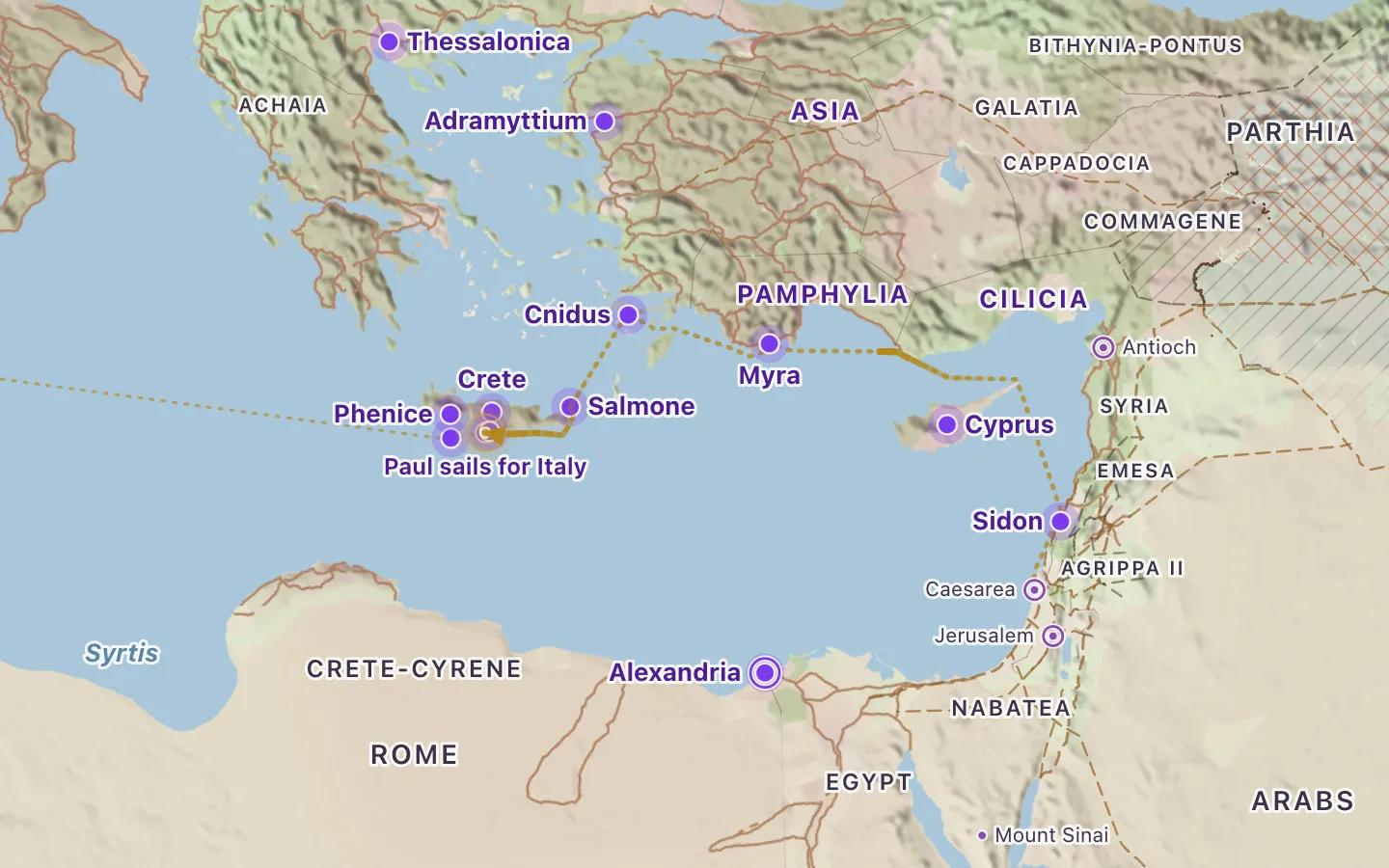 Map of Acts 27: Paul sails for Rome
