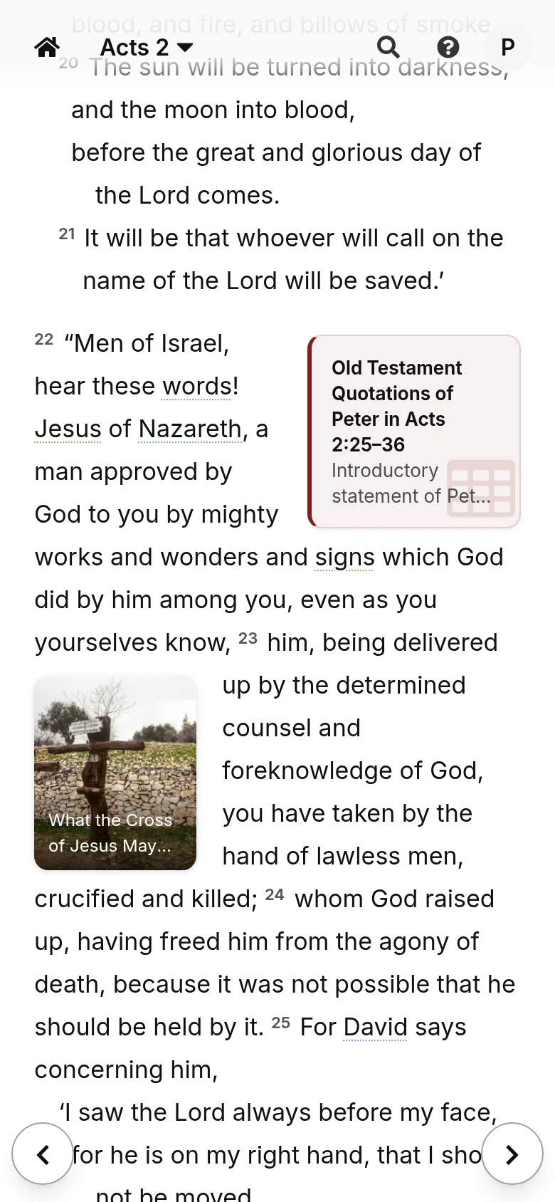 The HVSB reader on a phone: a study of Peter's Old Testament quotations and a photograph of a first-century cross, flowing inline between the verses of Acts 2